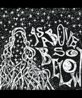 Black and white hand-pulled linocut print featuring abstract figure with flowing lines against starry background and the phrase As Above, So Below in stylized lettering, embodying dark feminine aesthetic and cosmic symbolism.