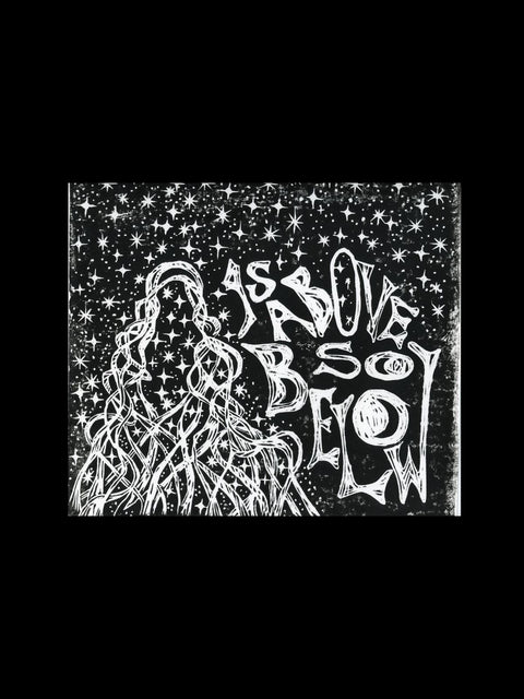 As Above, So Below — Black & White Linocut Print featuring a mystical figure intertwined with stars and flowing lines against a starry background, embodying dark feminine cosmic art.