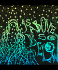 As Above, So Below — Ombre Linocut Print features a hand-pulled black ink linocut on hand-painted watercolor paper with a green to blue ombre background, depicting a figure with flowing hair surrounded by stars and stylized lettering.