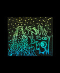As Above, So Below — Ombre Linocut Print featuring hand-pulled black ink linocut on hand-painted watercolor paper with a celestial figure surrounded by stars in ombre green to blue hues.