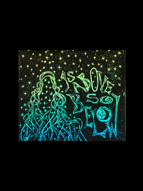 As Above, So Below — Ombre Linocut Print featuring hand-pulled black ink linocut on hand-painted watercolor paper with a celestial figure surrounded by stars in ombre green to blue hues.