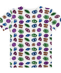 White cotton crew neck All Eyes On Me Print Tee featuring an all-over pattern of colorful symbolic eyes and abstract shapes in green, blue, purple, and brown.