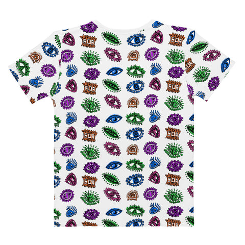 White cotton crew neck All Eyes On Me Print Tee featuring an all-over pattern of colorful symbolic eyes and abstract shapes in green, blue, purple, and brown.