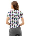 Woman wearing an All Eyes On Me Print Tee made of white cotton with colorful eye and mystical symbol all-over print, shown from the back with short sleeves and crew neck.