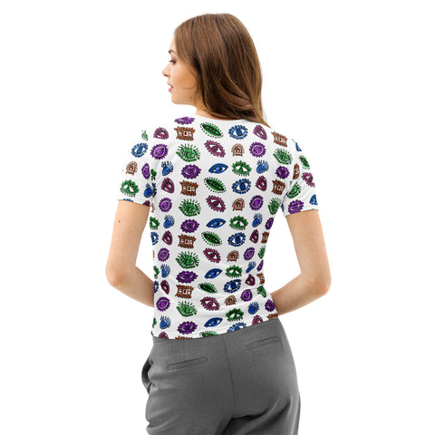 Woman wearing an All Eyes On Me Print Tee made of white cotton with colorful eye and mystical symbol all-over print, shown from the back with short sleeves and crew neck.