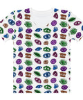 All Eyes On Me Print Tee featuring a white cotton crew neck with a repeating pattern of colorful symbolic eyes and talisman designs in green, blue, purple, and brown.