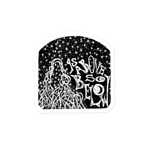 As Above, So Below Sticker (B&W) showing a dark feminine figure surrounded by stars and intricate line art, printed on durable high opacity adhesive vinyl.
