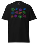 Black heavyweight fabric unisex tee featuring colorful abstract eye designs in blue, green, purple, orange, and pink, showcasing the All Eyes On Me Tee with a dark feminine spiritual aesthetic.