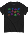 Black premium heavyweight fabric tee featuring colorful hand-drawn eye designs in vibrant neon tones, embodying a dark feminine aesthetic, called All Eyes On Me Tee.