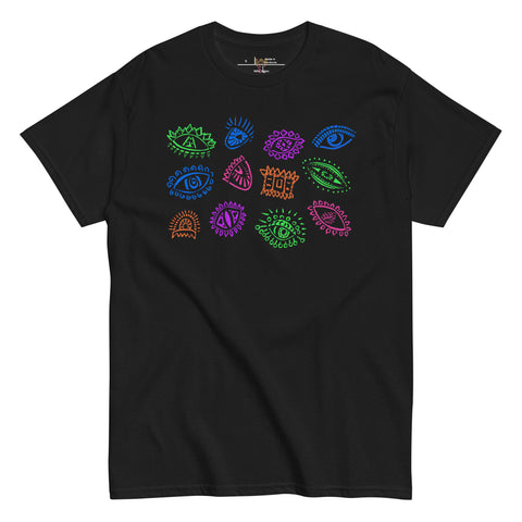Black premium heavyweight fabric tee featuring colorful hand-drawn eye designs in vibrant neon tones, embodying a dark feminine aesthetic, called All Eyes On Me Tee.