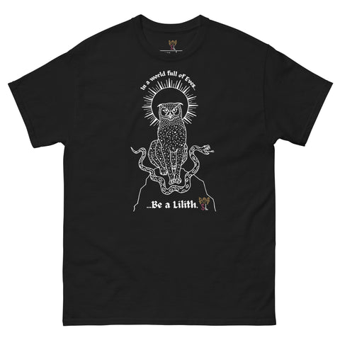 Black heavyweight cotton tee featuring white mystical graphic of a leopard surrounded by snakes and halo with text "In a world full of Eves... Be a Lilith" on front, called Be a Lilith Tee.