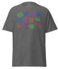 All Eyes On Me Tee in charcoal gray with colorful abstract eye designs arranged in three rows across the chest, made from premium heavyweight fabric for durable, comfortable wear.
