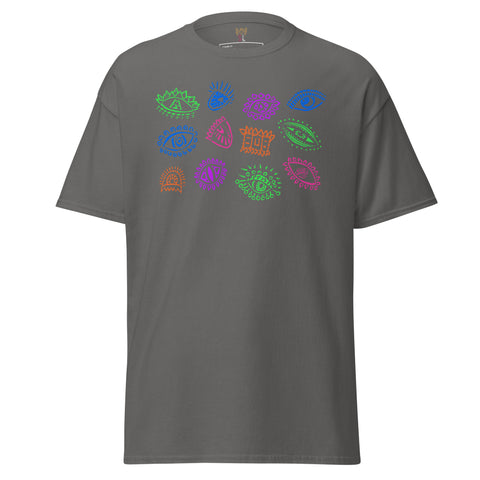 All Eyes On Me Tee in charcoal gray with colorful abstract eye designs arranged in three rows across the chest, made from premium heavyweight fabric for durable, comfortable wear.