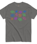 Charcoal All Eyes On Me Tee featuring colorful abstract eye designs in neon green, blue, pink, and orange on premium heavyweight fabric for a comfortable, durable fit.