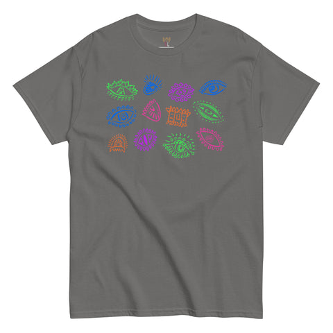 Charcoal All Eyes On Me Tee featuring colorful abstract eye designs in neon green, blue, pink, and orange on premium heavyweight fabric for a comfortable, durable fit.