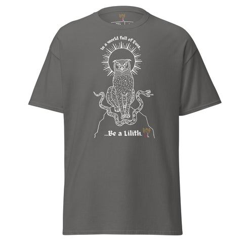 Be a Lilith Tee in solid charcoal color made from premium heavyweight fabric, featuring a mystical cat with snakes and a radiant halo, inspired by dark feminine spiritual themes.