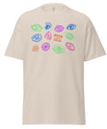 Natural-colored heavyweight cotton tee featuring a colorful graphic of various stylized eyes in blue, purple, green, and orange, designed as a spiritual statement on the All Eyes On Me Tee.
