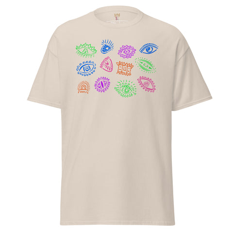 Natural-colored heavyweight cotton tee featuring a colorful graphic of various stylized eyes in blue, purple, green, and orange, designed as a spiritual statement on the All Eyes On Me Tee.
