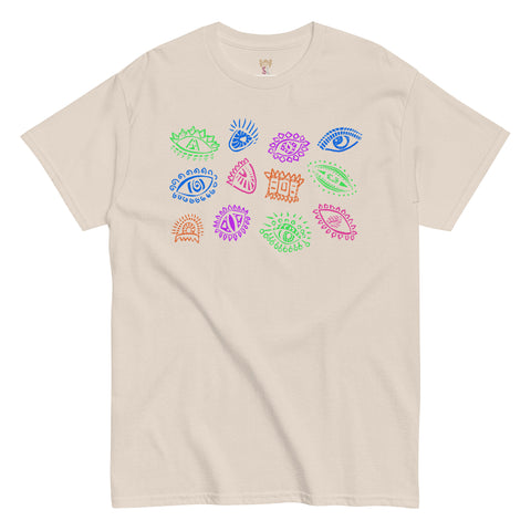 All Eyes On Me Tee in natural color featuring colorful abstract eye symbols across the chest, made from premium heavyweight fabric with a durable yet comfortable feel.