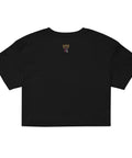 Black lightweight 100% combed cotton relaxed fit All Eyes on Me Crop Top with cropped length and subtle small embroidered butterfly and initials design on upper back.