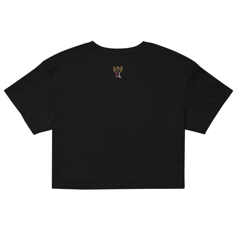 Black lightweight 100% combed cotton relaxed fit All Eyes on Me Crop Top with cropped length and subtle small embroidered butterfly and initials design on upper back.