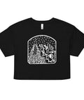 As Above, So Below Crop Top (White) featuring a black relaxed fit crop top with a white celestial graphic, stars, and mystical figure embodying dark feminine energy and spiritual symbolism.