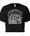 Black crop top featuring a white mystical design with stars and abstract lines surrounding the phrase "As Above So Below," representing a dark feminine spiritual aesthetic, named As Above, So Below Crop Top (White).