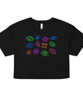 Black lightweight combed cotton All Eyes on Me Crop Top featuring colorful, symbolic eye designs in blue, green, purple, pink, and orange with a relaxed fit and cropped length.