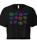 Black All Eyes on Me Crop Top made from lightweight 100% combed cotton featuring colorful abstract eye illustrations arranged across the chest in a relaxed, cropped fit.